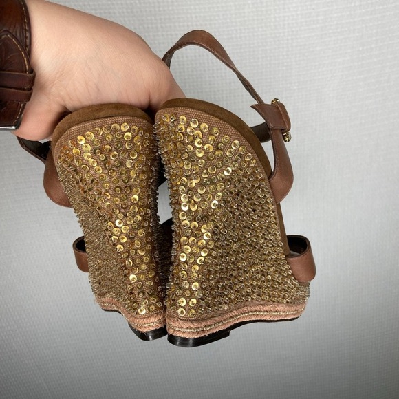 Laundry Size 9.5 Embellished Wedge Sandals Brown Leather Rhinestone Buckle Strap - Picture 3 of 6